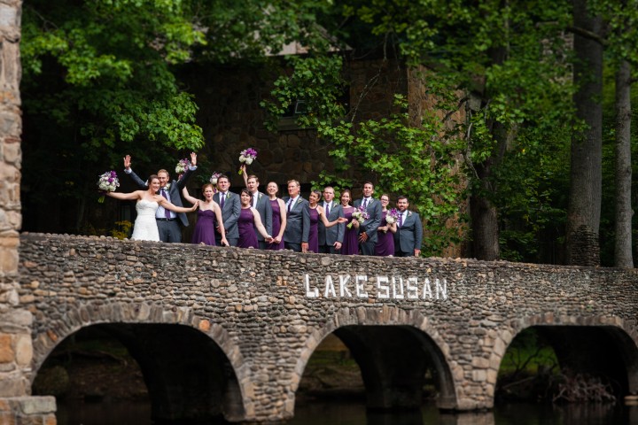 Wedding Party having some fun during the fall wedding at Montreat College