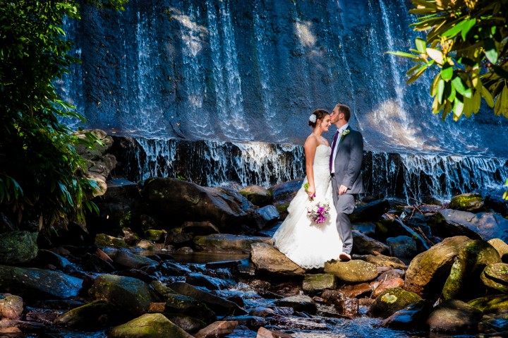 Creative Bride and Groom portrait in front of Montreat College's Waterfall