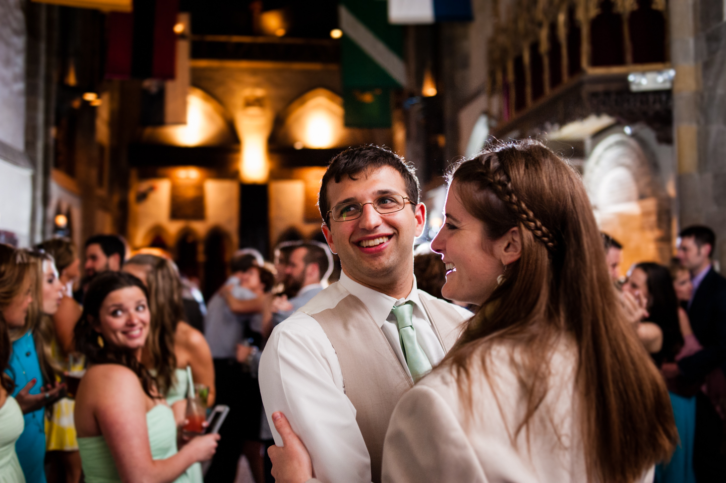 adorable couple dances during wedding reception at Hammond Castle