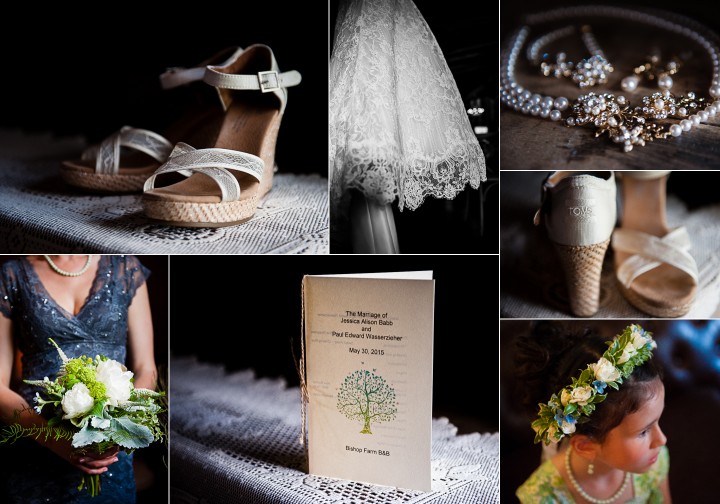 Brides gorgeous wedding details included gorgeous white wedges, elegant pearl jewelry and a lace wedding gown