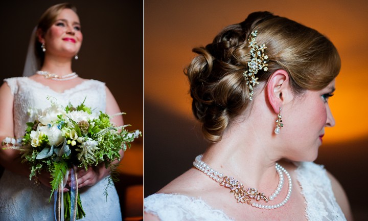 The bride poses with her gorgeous bouquet and shows off her stunning hairpiece 