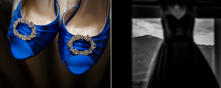 pretty blue shoes and gorgeous stella york dress hanging in mountain washington hotel's window
