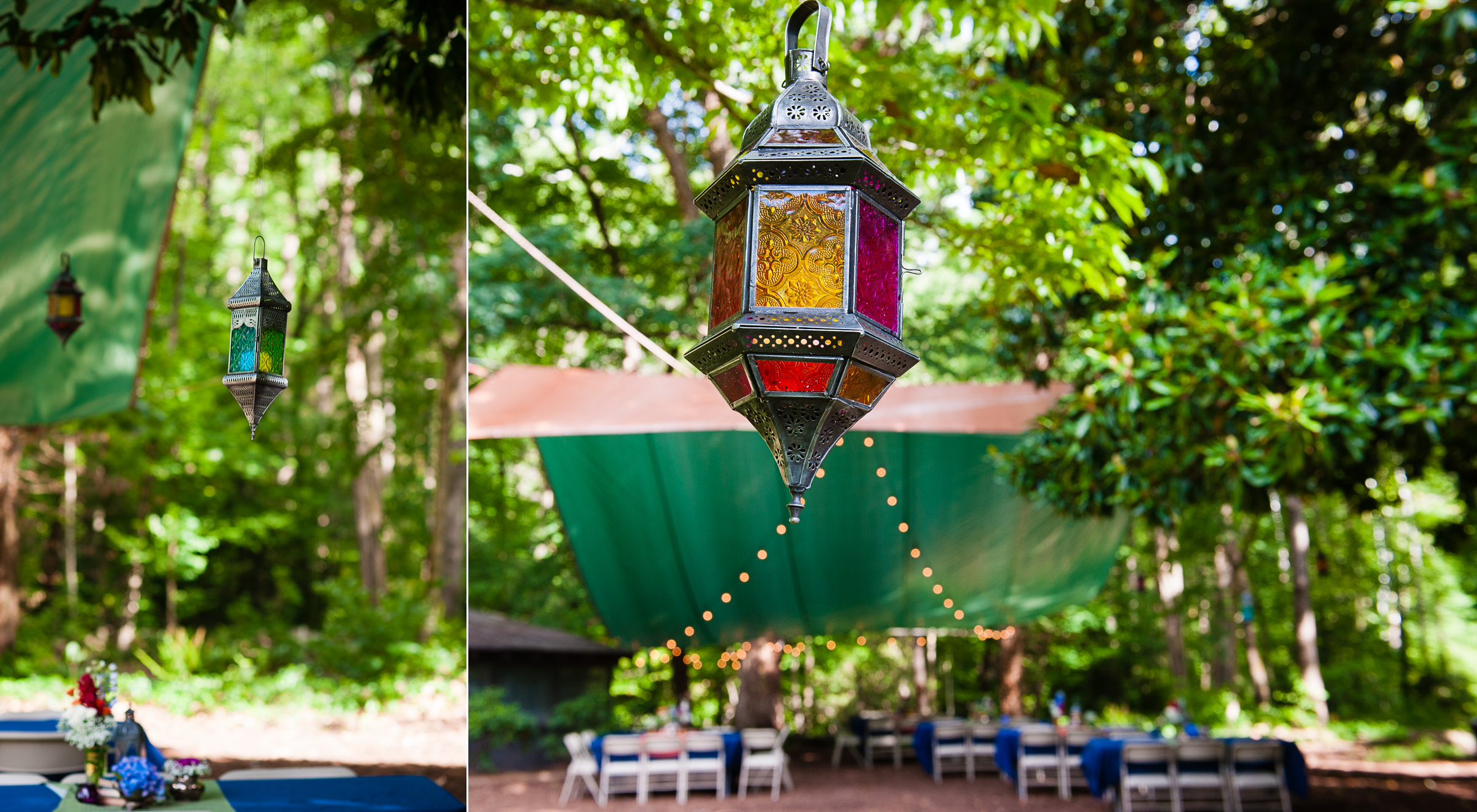 gorgeous lanterns hung from magnolia trees during this backyard asheville wedding