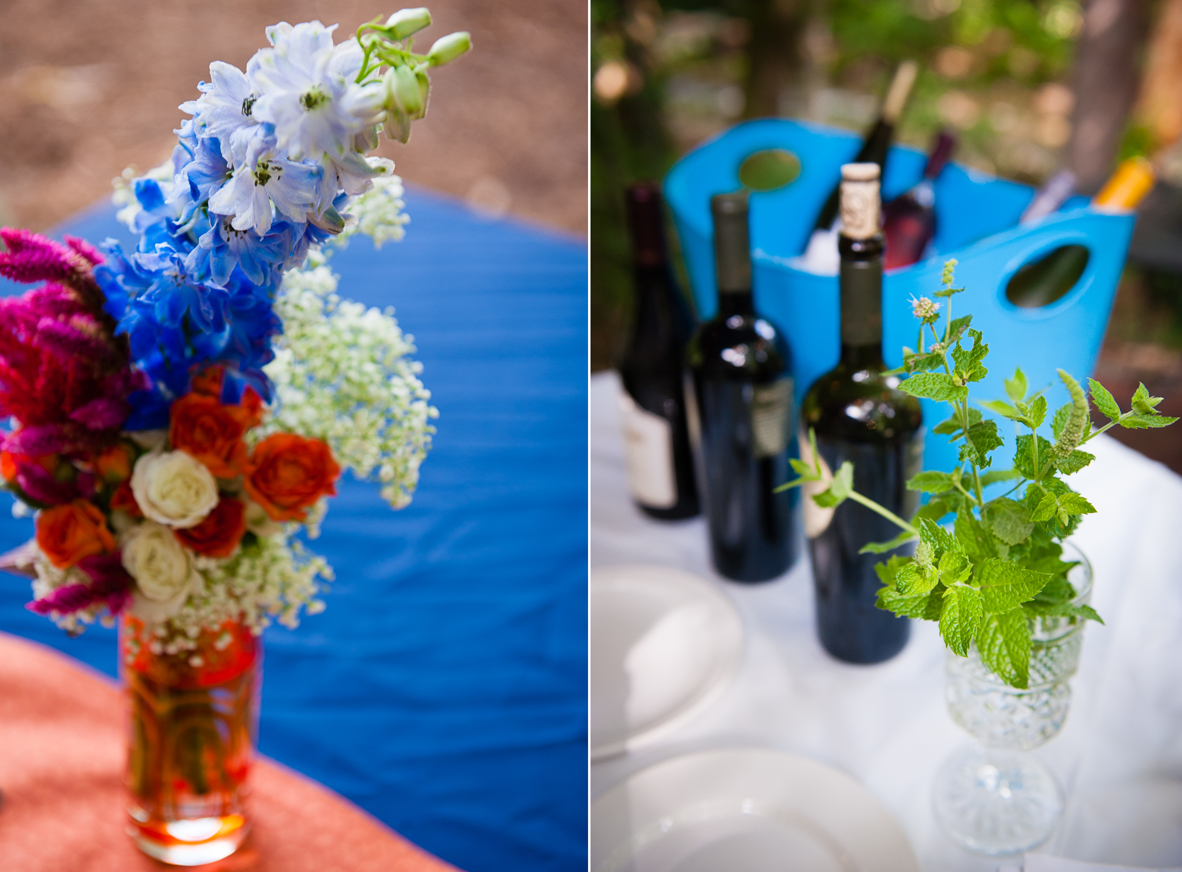 beautiful blue and orange flowers adorned the tables of this backyard wedding