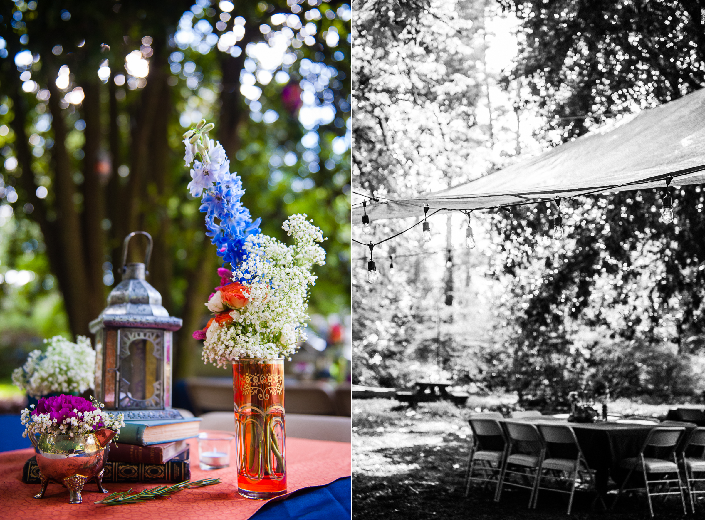 blue and white flowers adorned the tables underneath a green tarp with lights was the setting for this backyard asheville wedding 