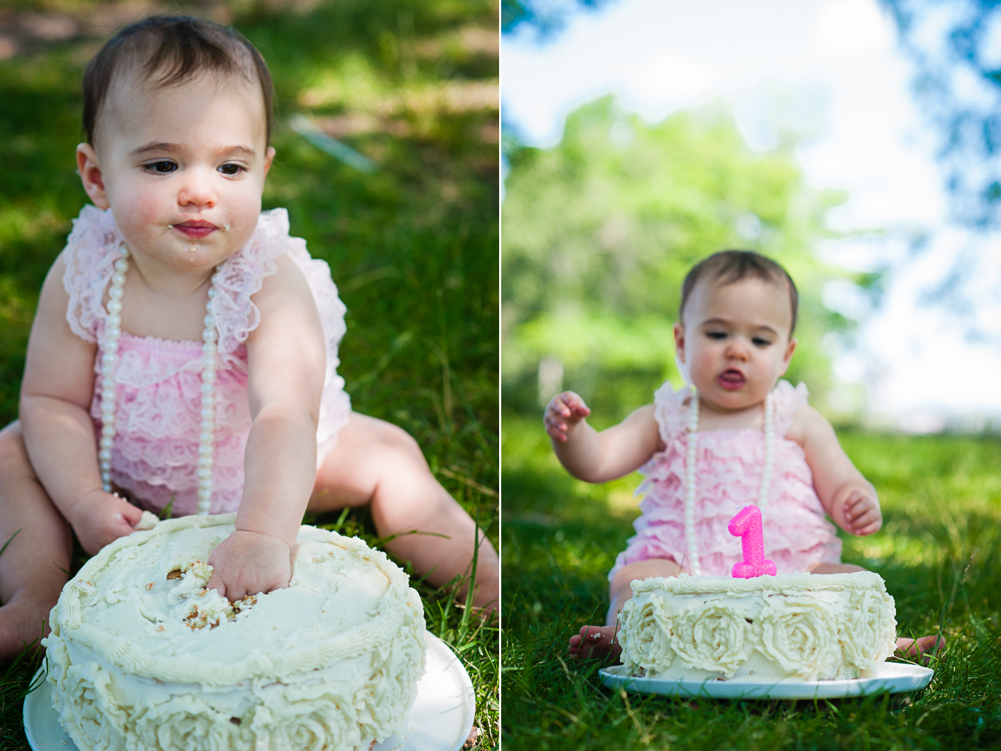 baby smashes her first birthday cake in a park 