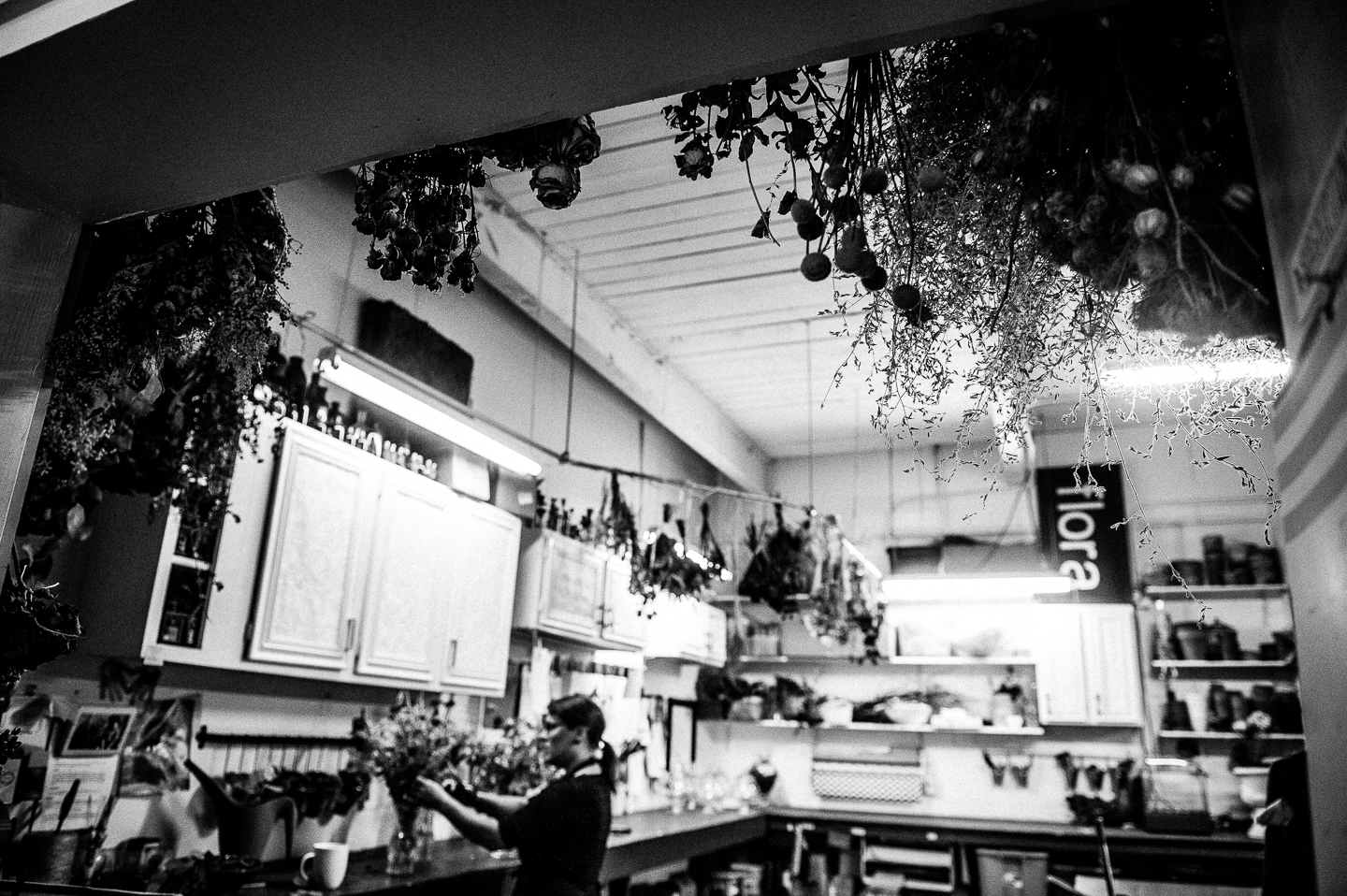 black and white image of asheville wedding florists studio space