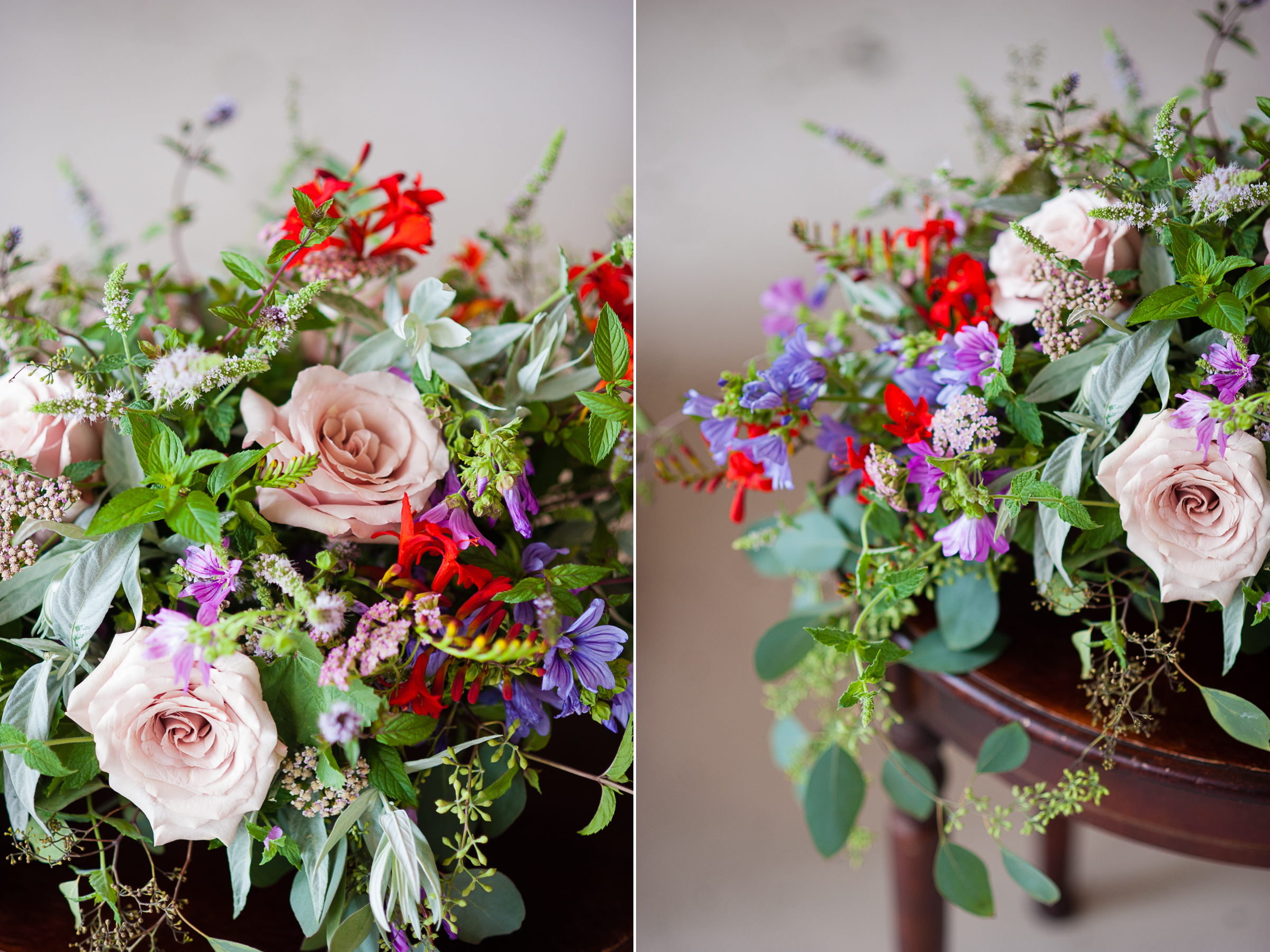 details of a gorgeous floral arrangement with pink and green and red flowers 