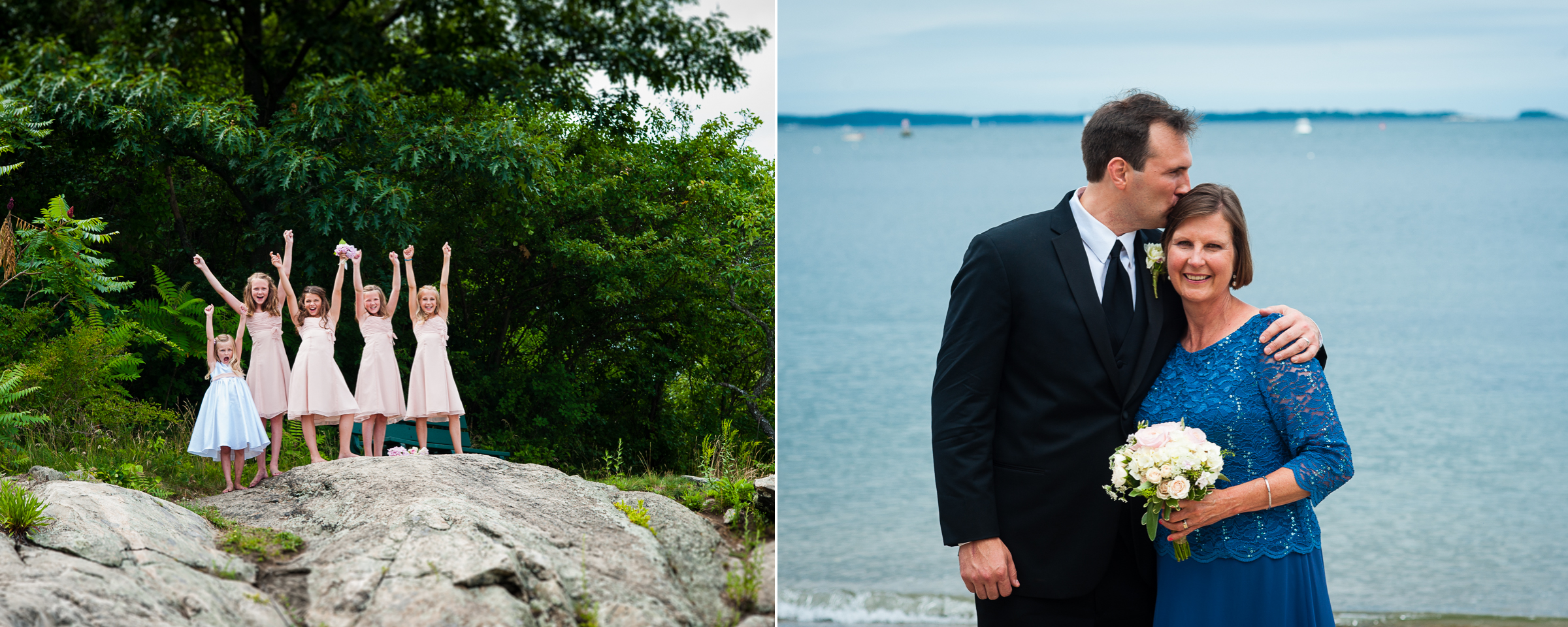 the flower girls cheer from the top of a large rock meanwhile the groom gives his mom a sweet kiss on the cheek