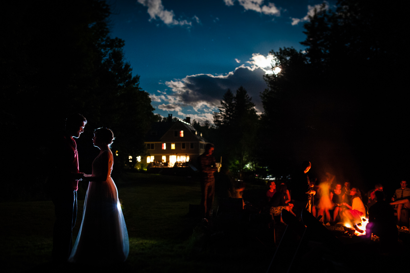 wedding reception ended with a bonfire under the stars 