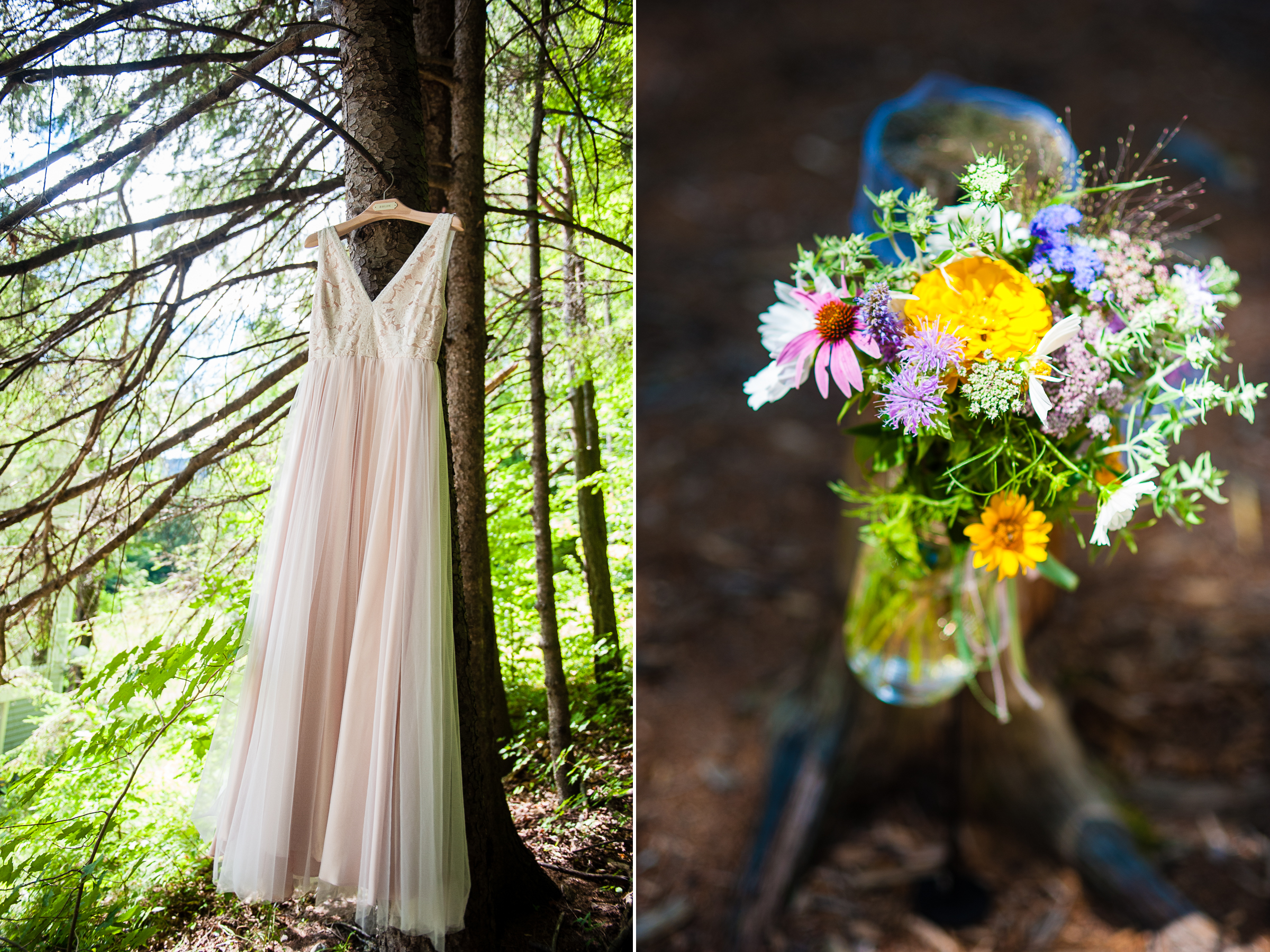 A gorgeous BHLDN wedding dress hangs from a pine tree and flowers adorned the ceremony site