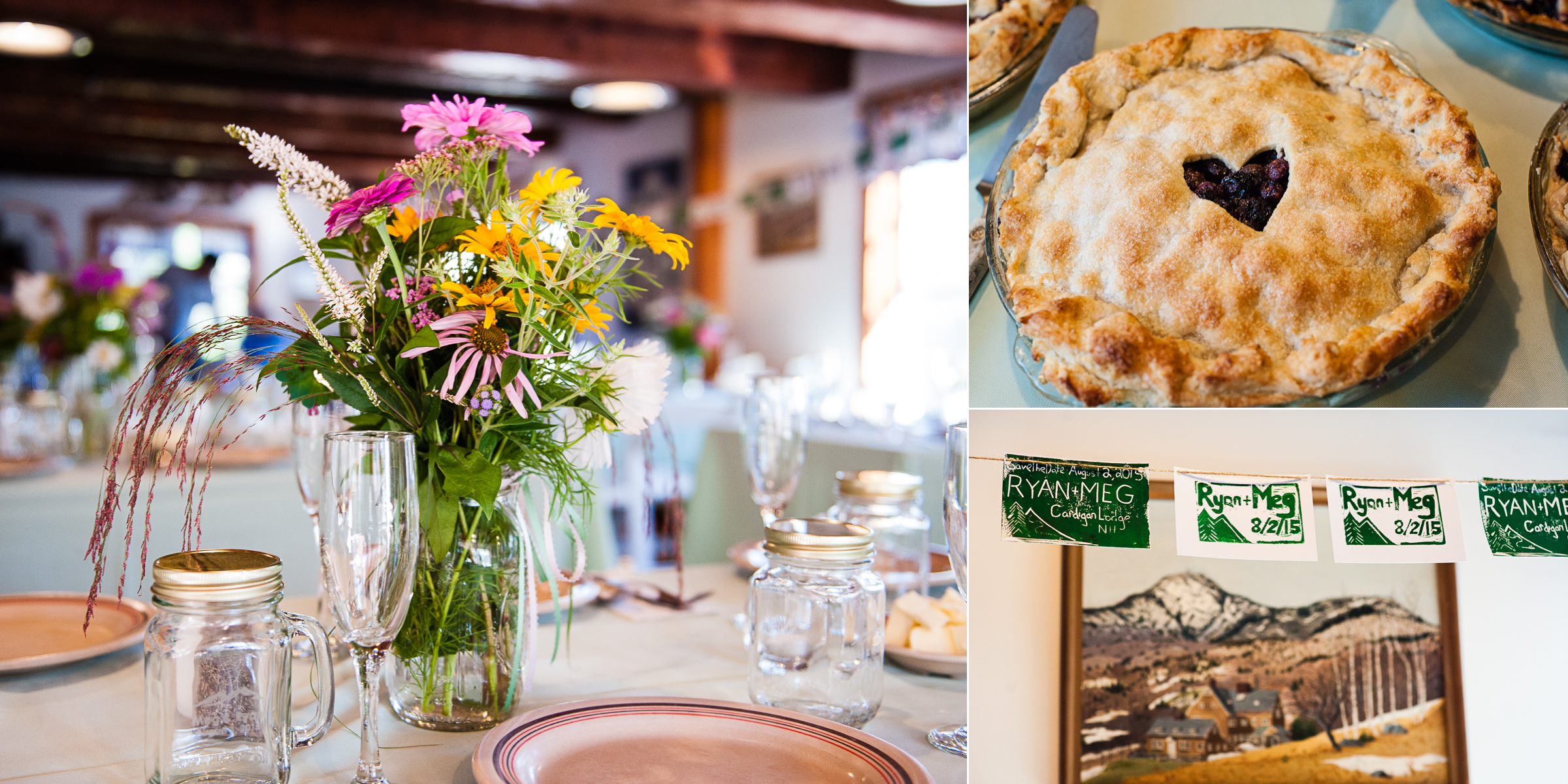 beautiful wildflowers adorn the tables and pies for dessert are some of the highlights of this mountain wedding