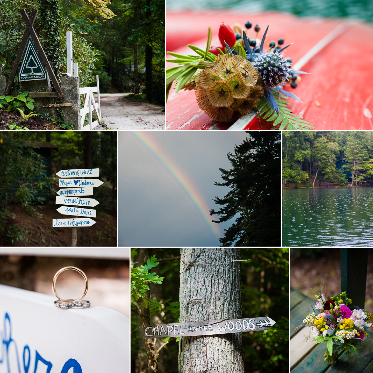 a collage of pictures show the gorgeous outdoor setting for this rustic summer camp wedding in the mountains of NC