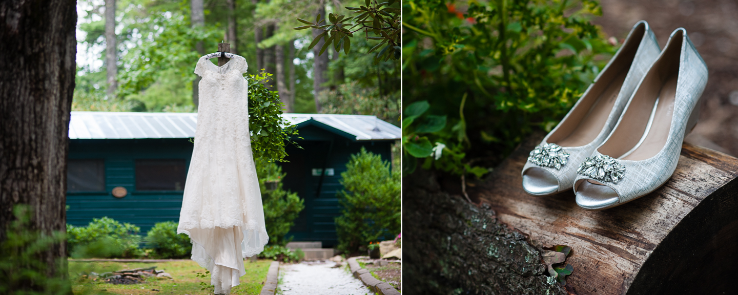 gorgeous lace wedding gown hangs on a lamp post outside a rustic summer camp cabin 