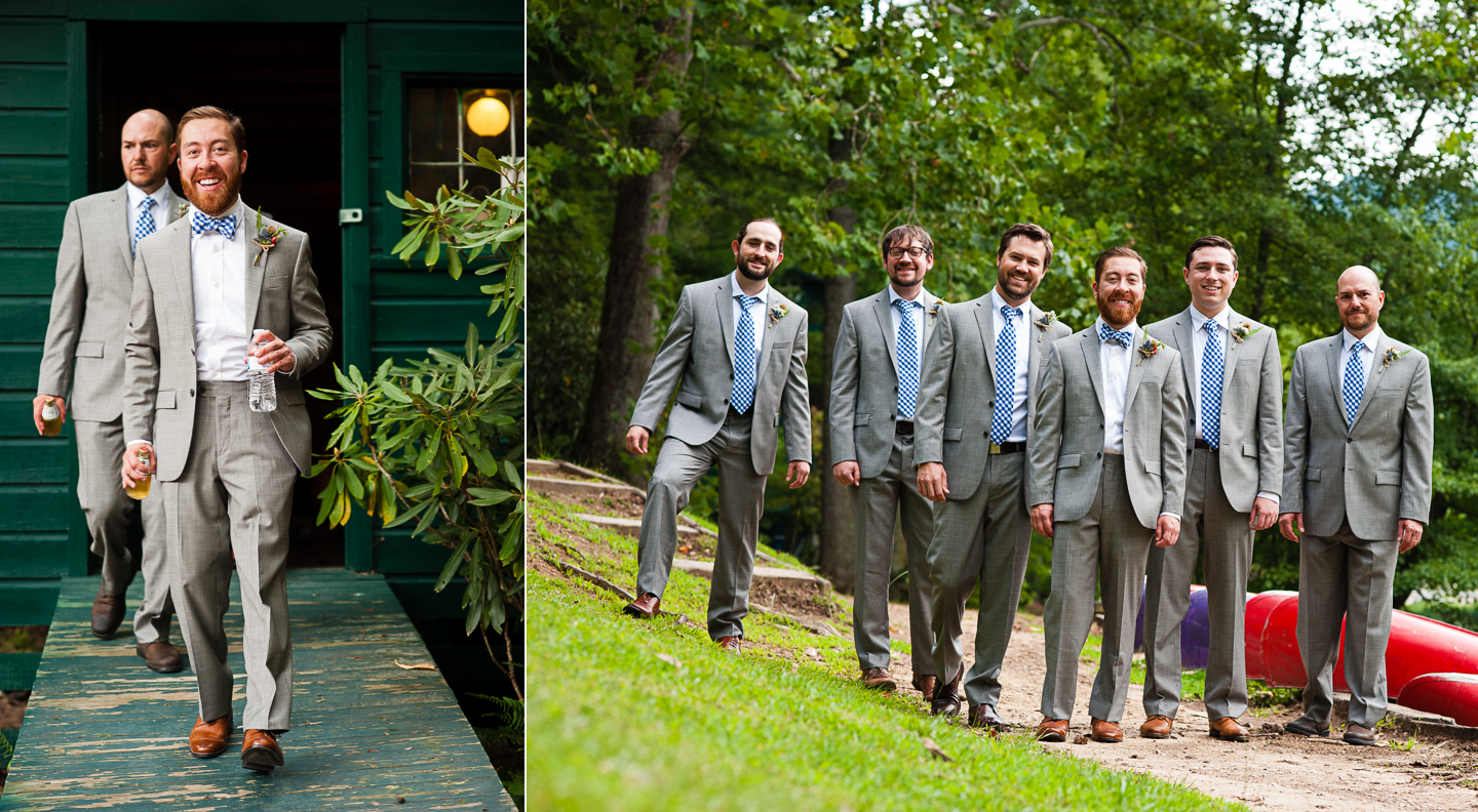 the groom with his handsome groomsmen pose for the pictures by a mountain lake 