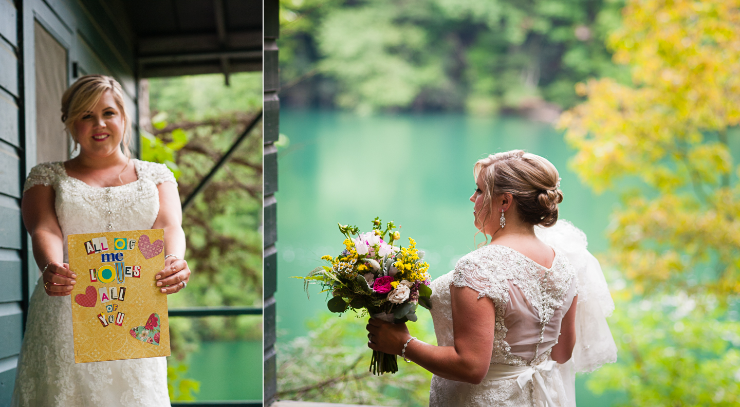 beautiful bride shows off her handmade card for her groom