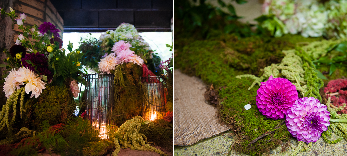 flowers and candles adorned the alter of this outdoor chapel in the woods 