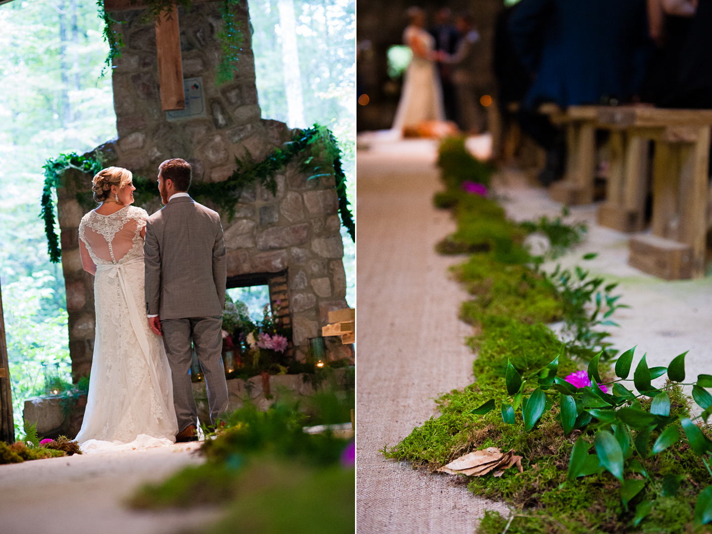 a gorgeous burlap aisle runner with flowers was a highlight of this outdoor wedding ceremony 