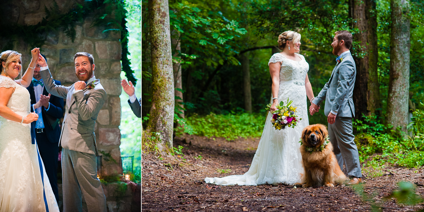 bride and groom cheer at the end of their wooded ceremony 