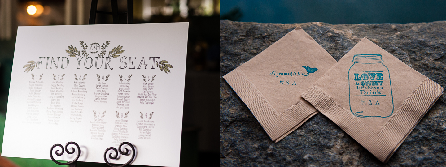 an elegant white seating chart and custom napkins for the guests were some of the little details of this summer camp wedding 