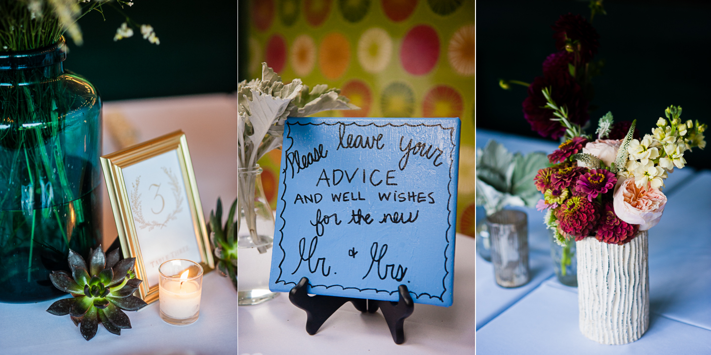 gorgeous candles and elegant flowers with succulents adorned the square tables of this summer camp wedding 