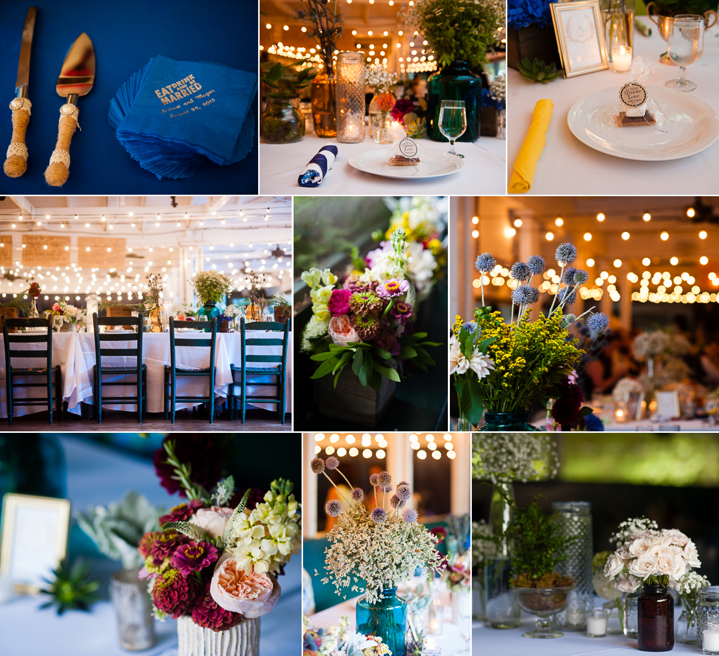 a collage of images featuring some of the gorgeous floral details from a colorful elegant summer camp wedding 