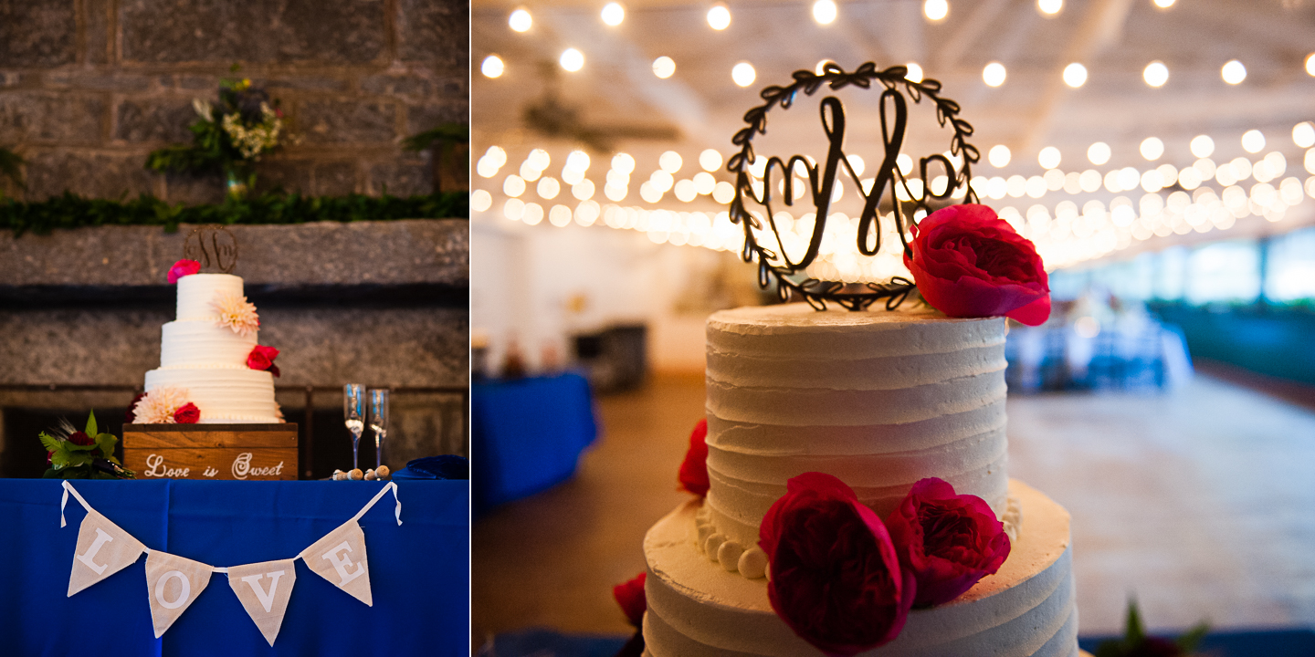 beautiful lights hung behind an elegant white wedding cake 