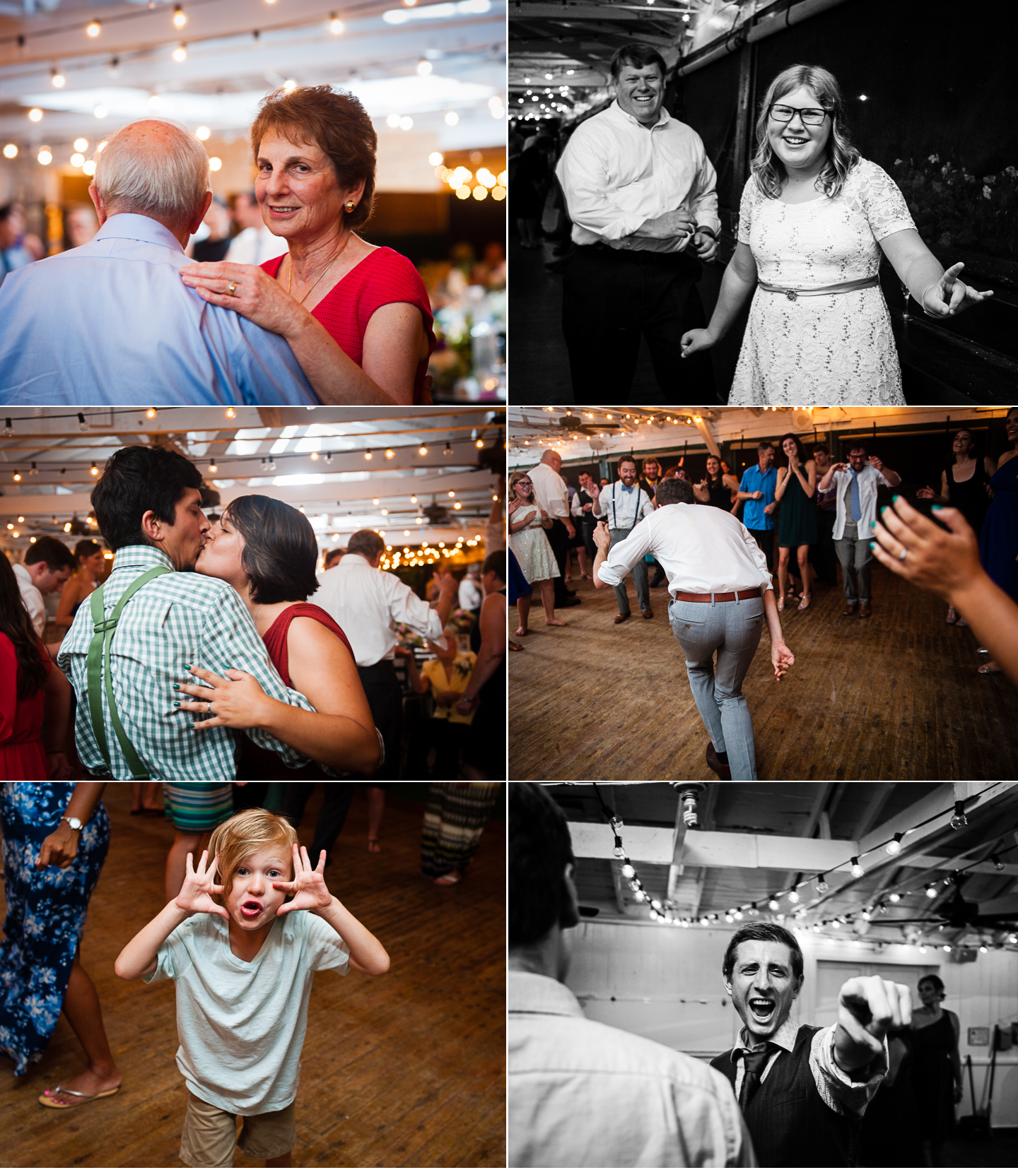 a collage of wedding guests dancing and having fun at a summer camp wedding 