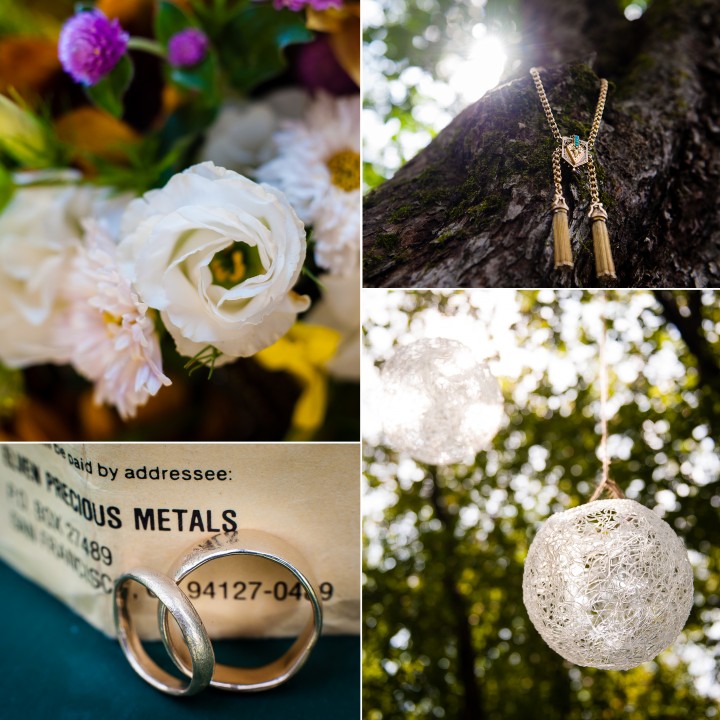 beautiful details for this summer camp wedding included handmade gold wedding rings and wildflowers