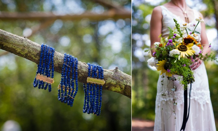 Detail photo of the gorgeous blue bracelets the bride made 