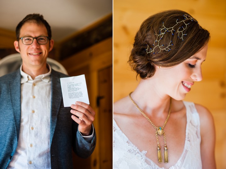 Groom holds up his wedding vows and bride shows off her gorgeous headpiece she made herself  