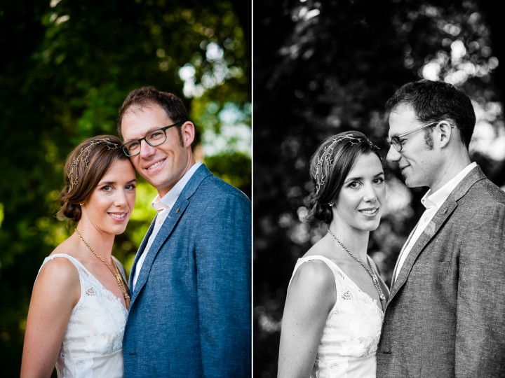 beautiful bride and groom pose together for a couple wedding portraits at their summer camp wedding 