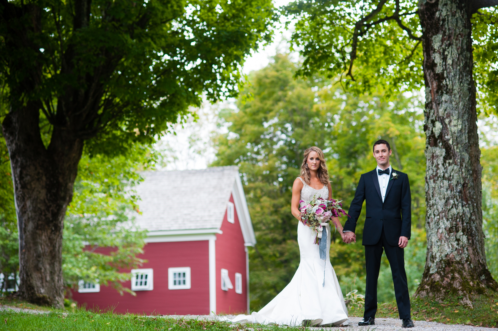 newly married couple holds hands under a big vermont maple tree