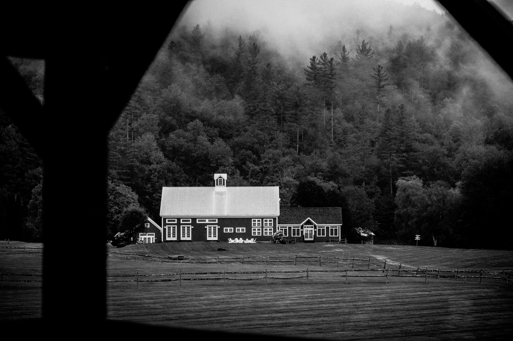 riverside farms barn covered in mist 