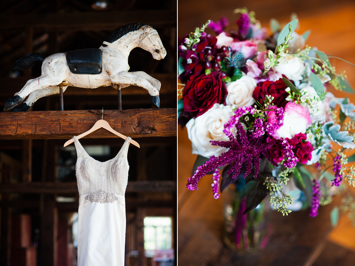 lace wedding gown hangs in dark wood barn next to gorgeous pink bouquet 