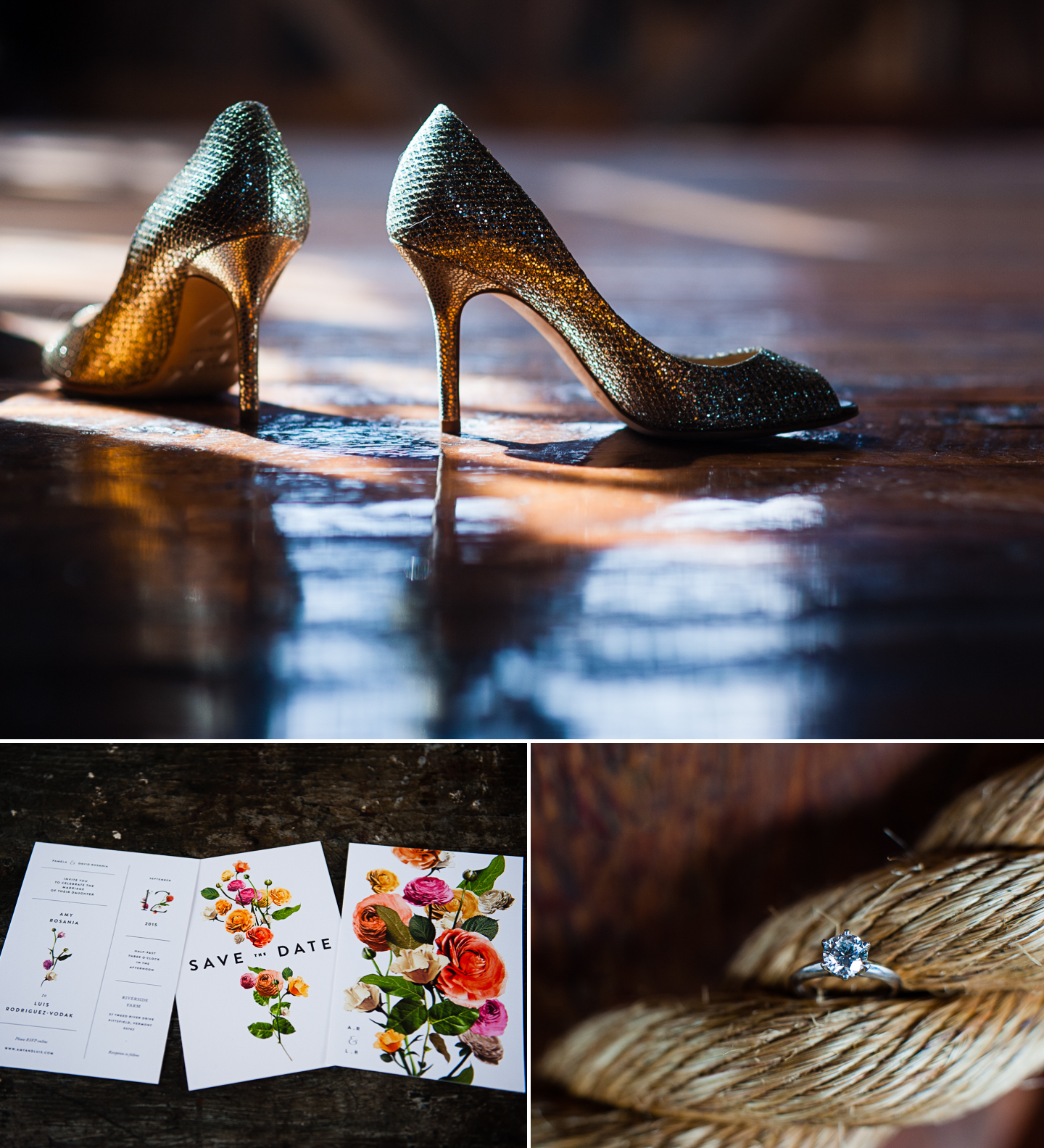 sparkly Jimmy choo shoes on a dark barn wood floor 