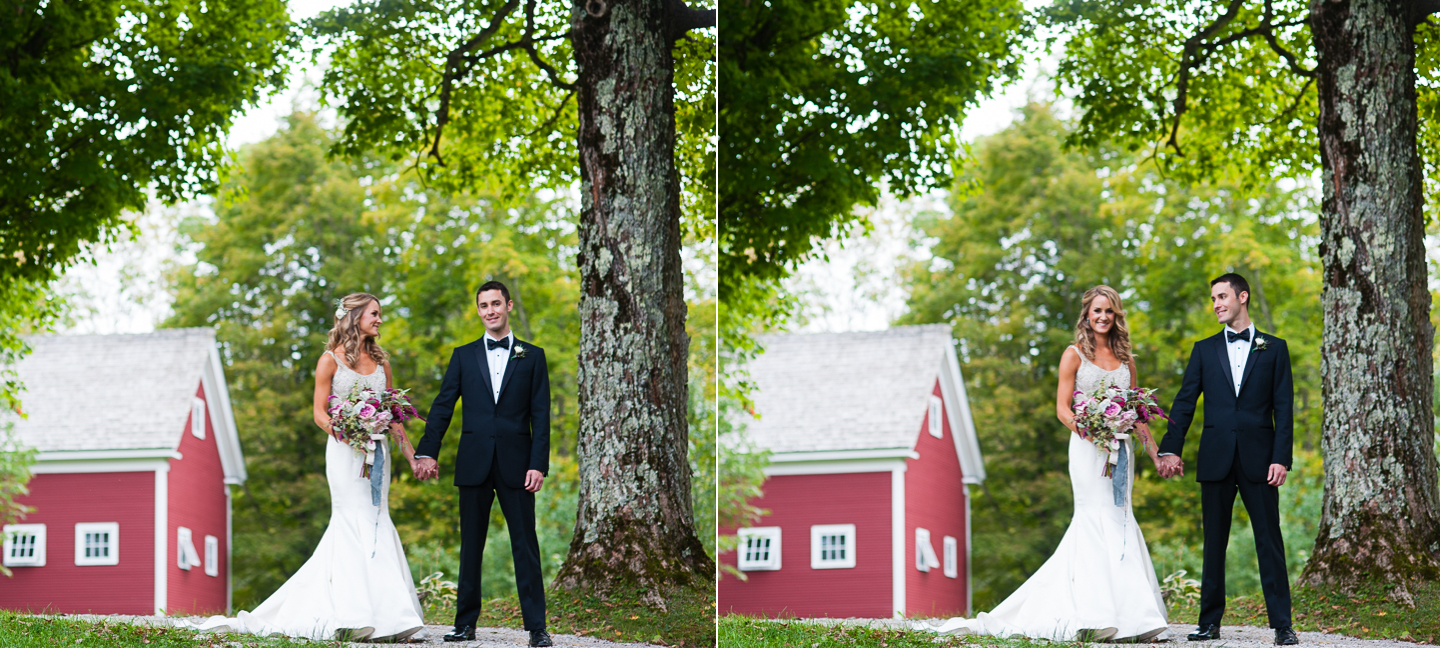 bride and groom hold hands under gorgeous big maple tree in Vermont 