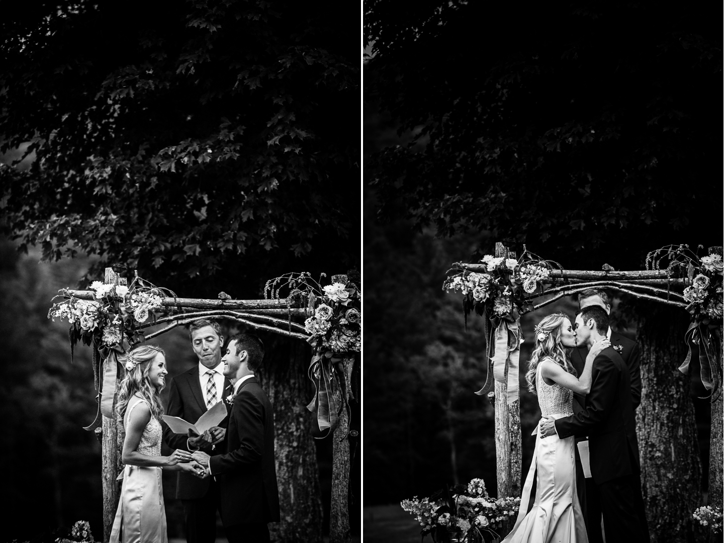 bride and groom exchange vows and kiss during their beautiful farm ceremony 