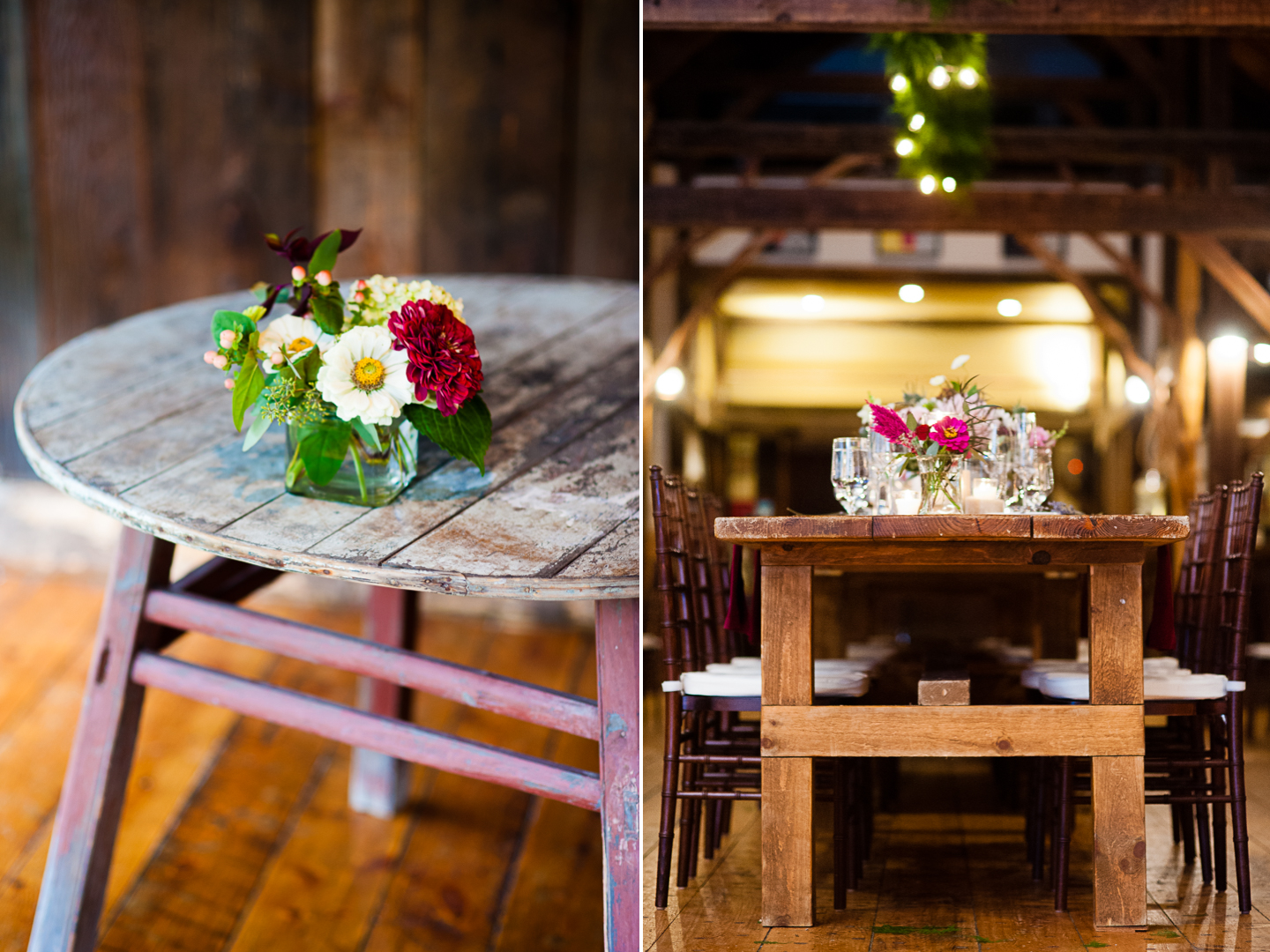 flowers and rustic wood tables decorated the barn wedding reception in vermont 