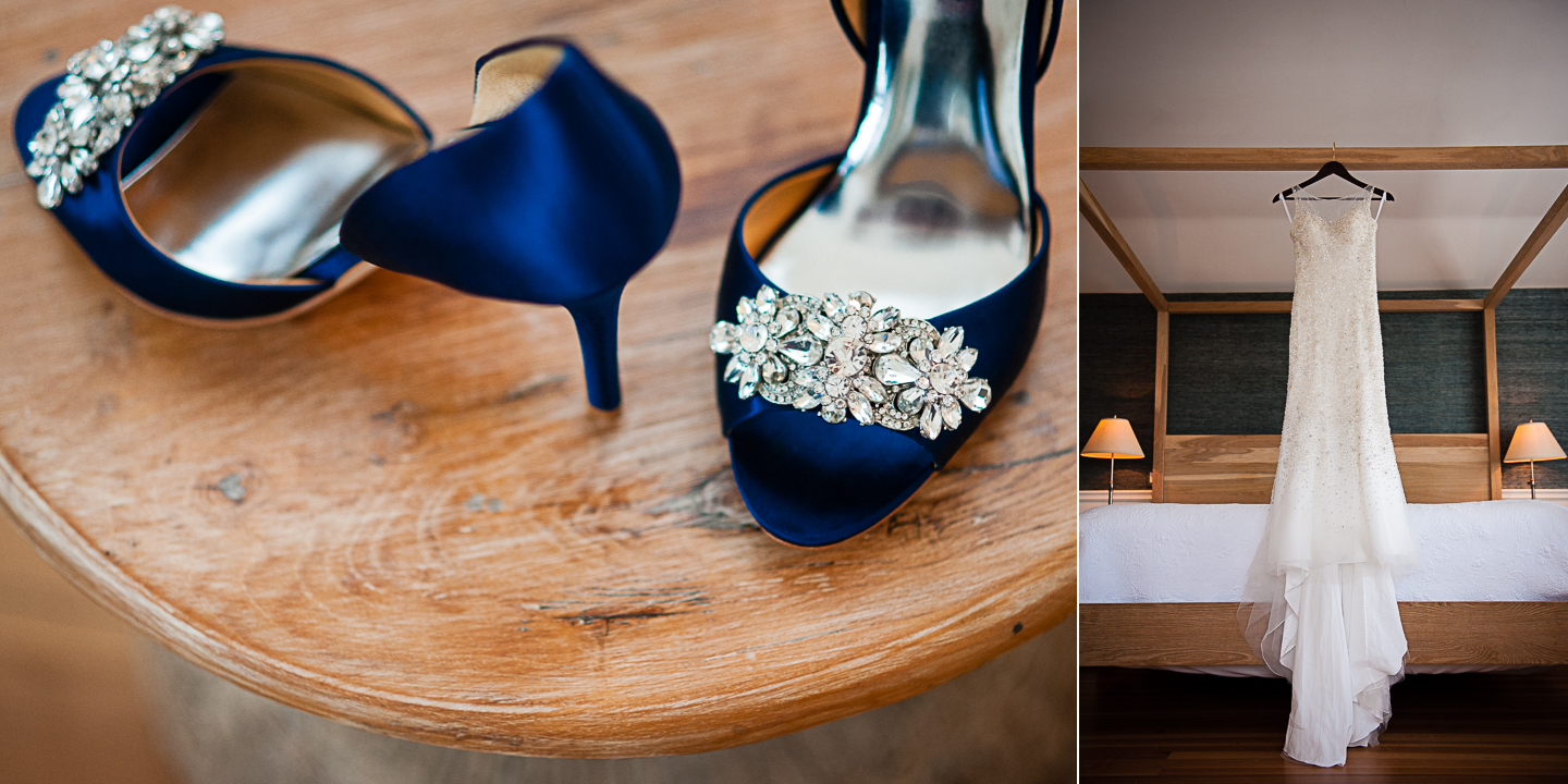 gorgeous blue wedding shoes and a beaded wedding dress hands from wooden bed post 