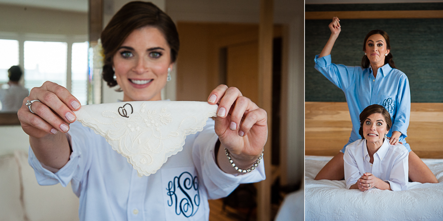 bride holds up her grandmothers handkerchief 