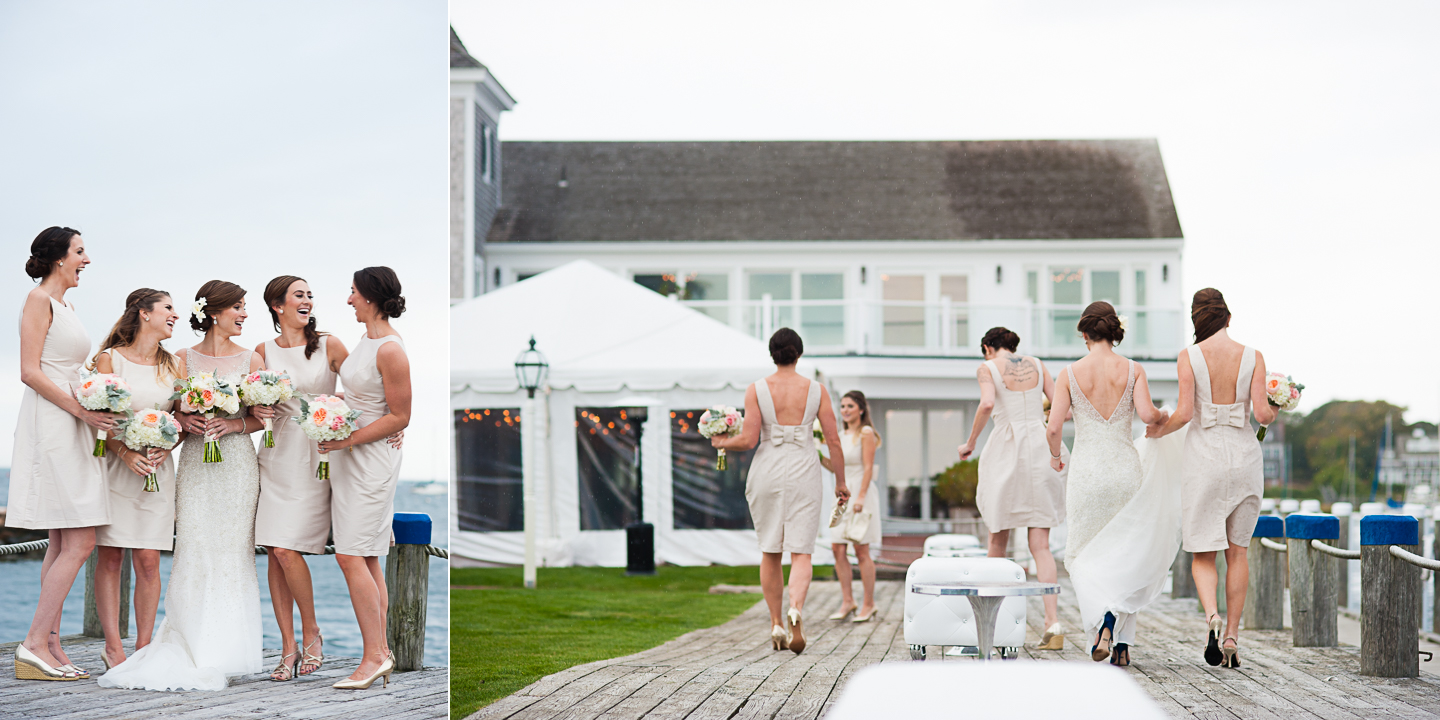 gorgeous ladies with the bride show off their elegant cream bridesmaid dresses by the ocean 