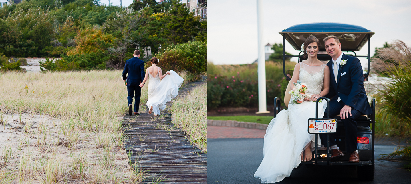 bride and groom walk arm and arm down beach boardwalk 