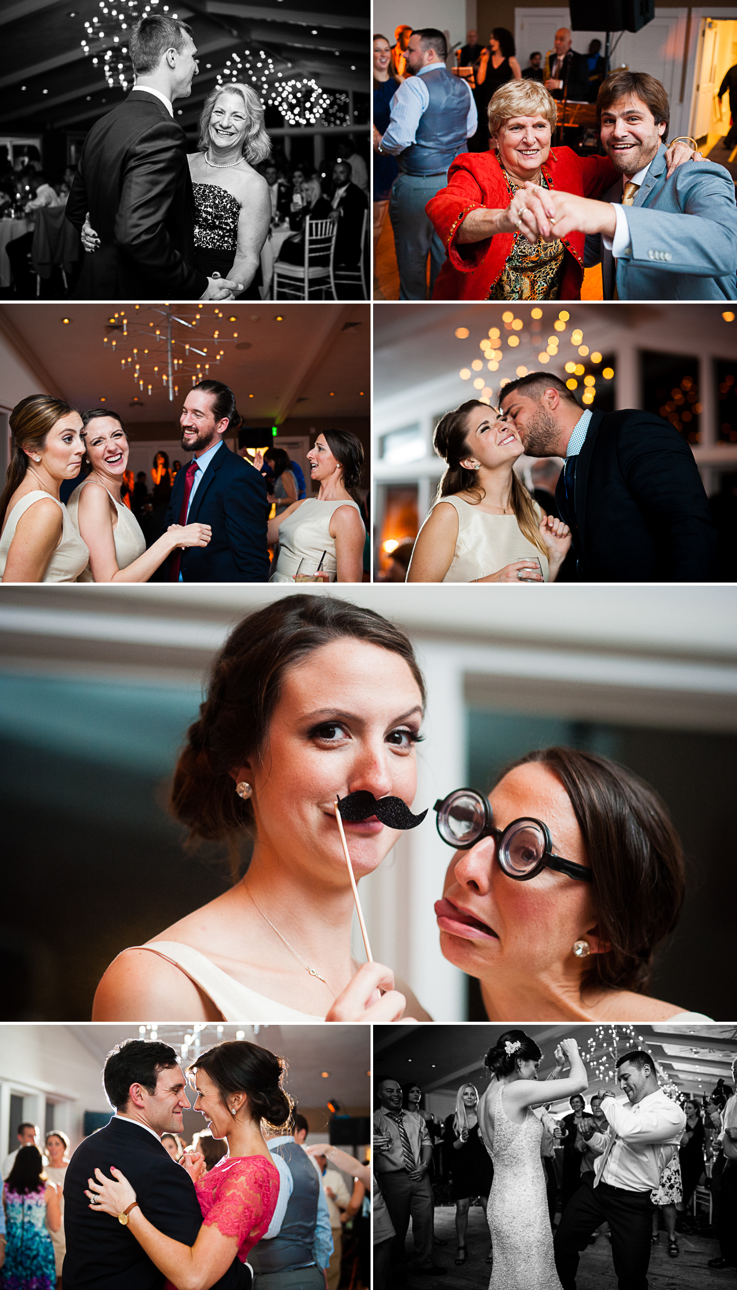 collage of wedding guests having a blast on the dance floor of  seaside wedding