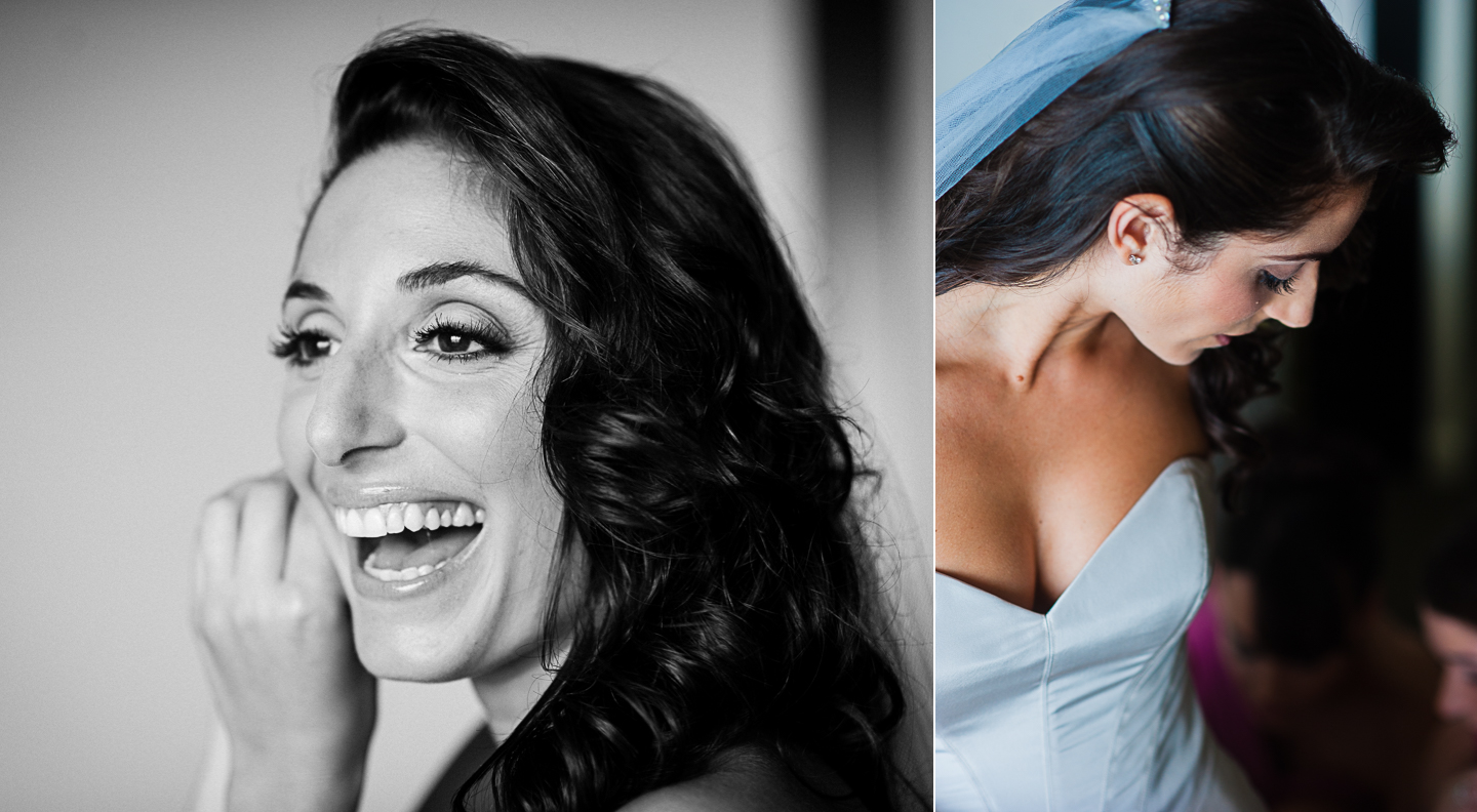 gorgeous bride laughs as she puts on her earrings 