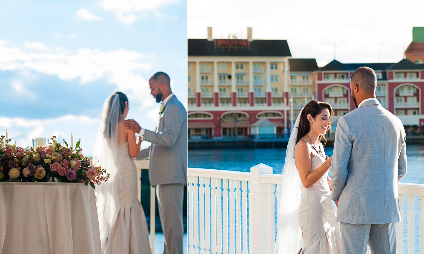 couple exchanges vows during atlantic dance hall disney world wedding 