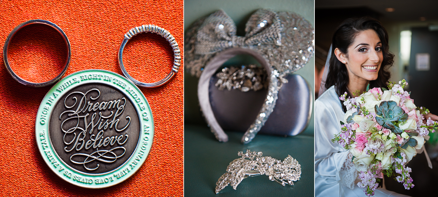 sparkly mini mouse ears and magical coins are just some of the disney world wedding details 