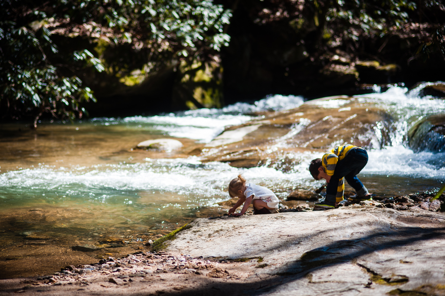 adorable kids explore by the creek during their outdoor photo session 