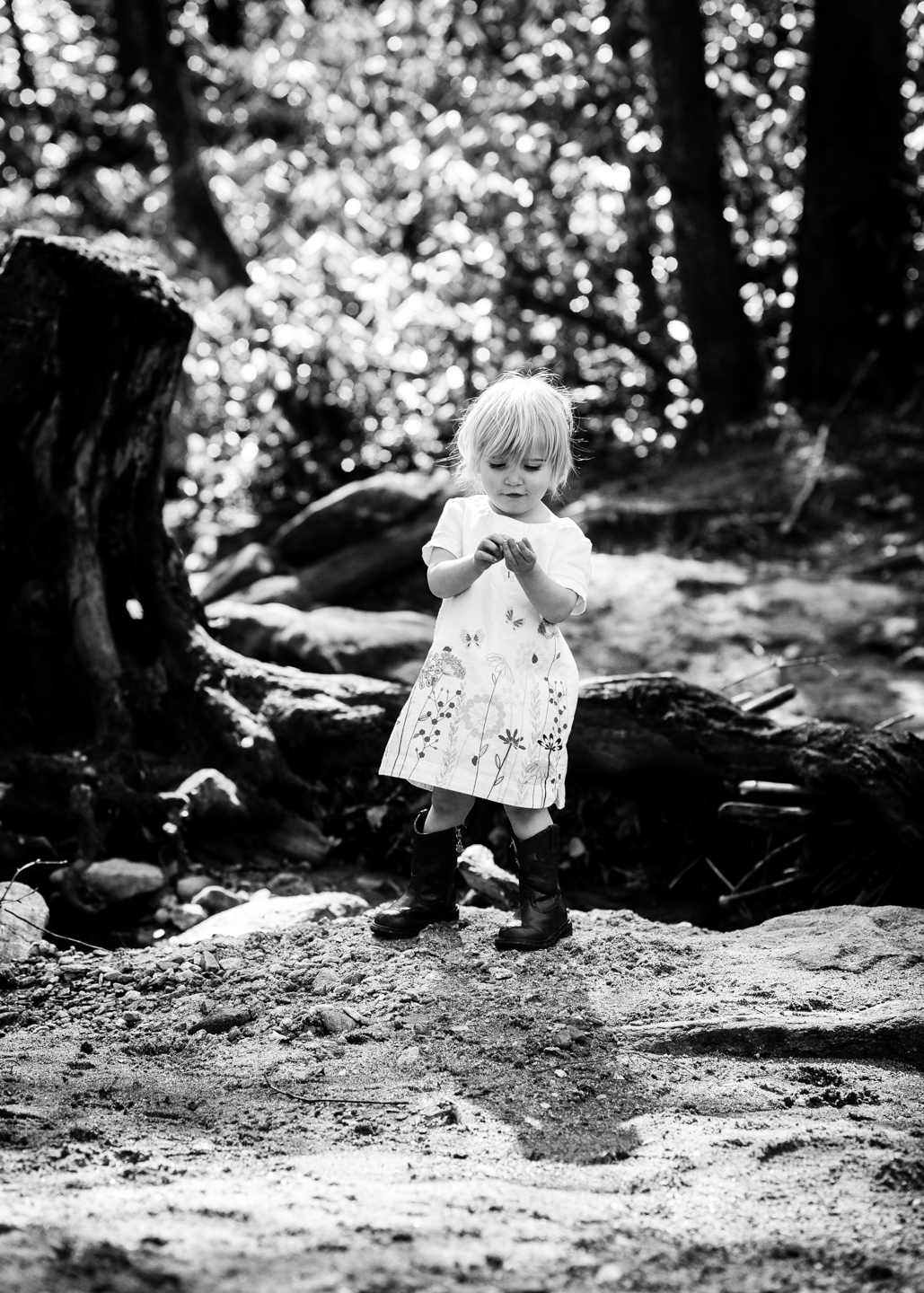 little girl exploring by creek during her baby portrait session 