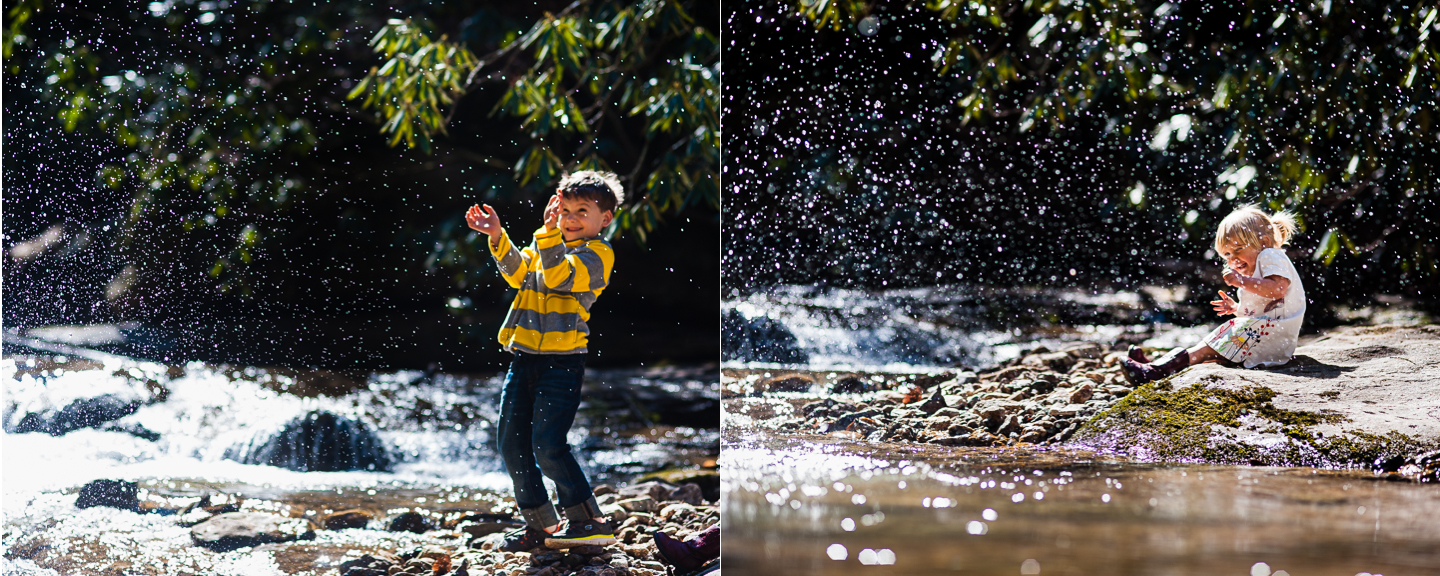 brother and sister throwing rocks in wooded stream 